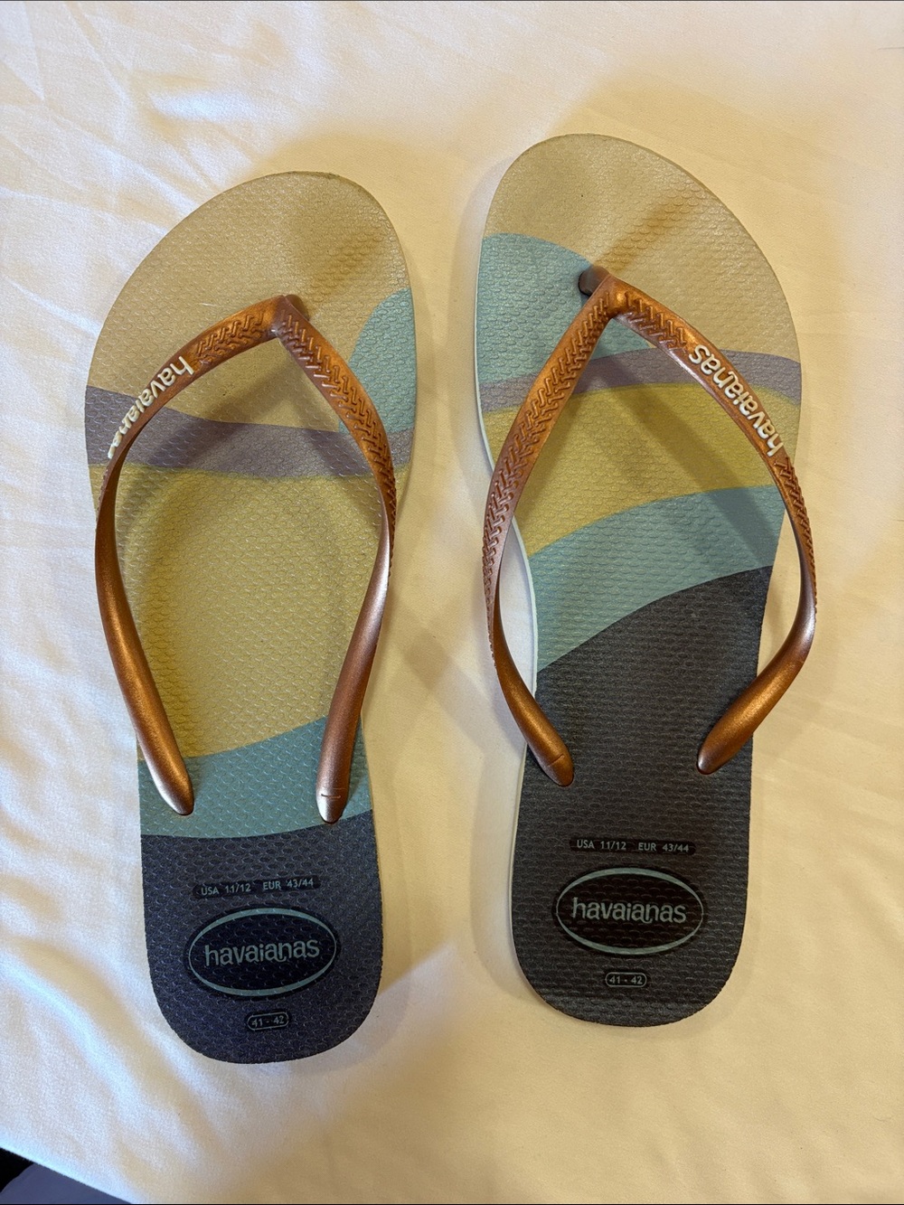 Havaianas Striped Flip Flops in Teal, Tan & Black with Bronze Straps